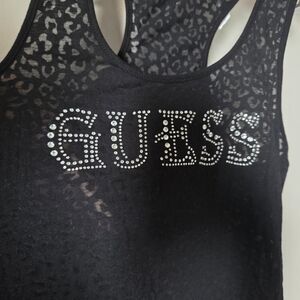 Y2K GUESS Rhinestone Tank Top - Sheer Leopard Print
